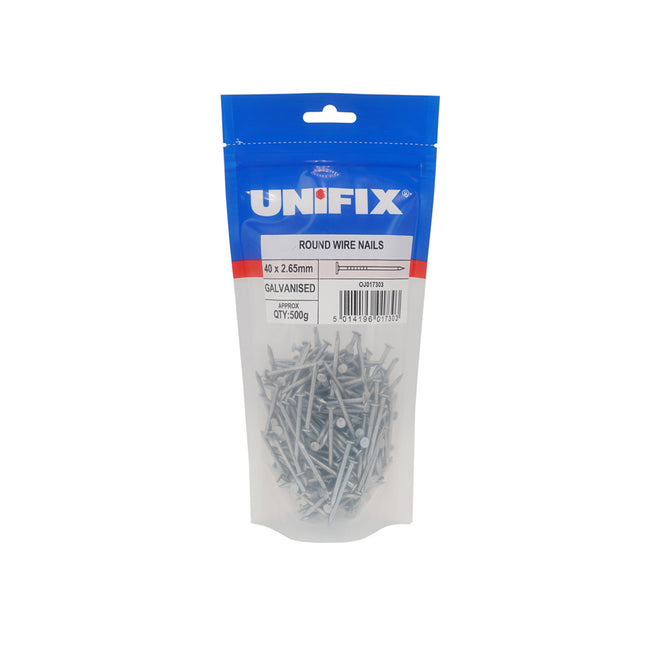 Unifix Galvanised Round Wire Nails CE - 50 x 2.65mm (1Kg Bag) (Box of 5)