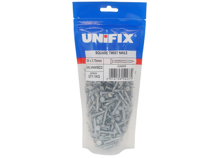 Unifix Galvanised Square Twist Nail CE - 30 x 3.75mm (1Kg Bag) (Box of 5)