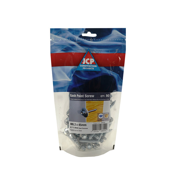 JCP Fixings Metalfix Gash Point Self-Drilling Screws 16mm Washer Bright Zinc Plated - 6.3 x 45mm (Box of 450)