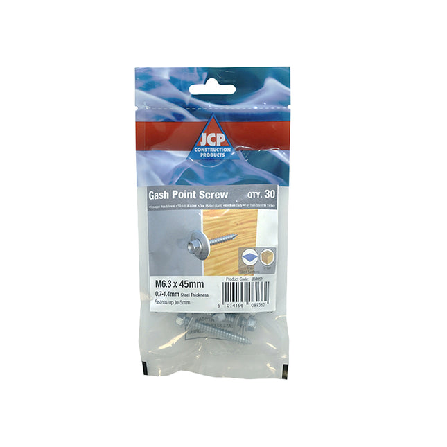JCP Fixings Metalfix Gash Point Self-Drilling Screws 16mm Washer Bright Zinc Plated - 6.3 x 45mm (Box of 150)