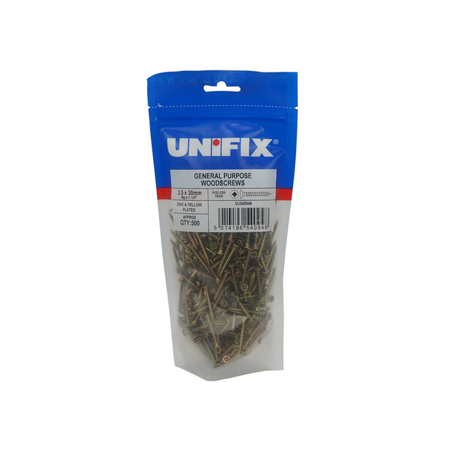 Unifix General Purpose Chippy Woodscrews Pozi Countersunk Head ZYP CE - 3.5 x 30mm (Box of 2500)