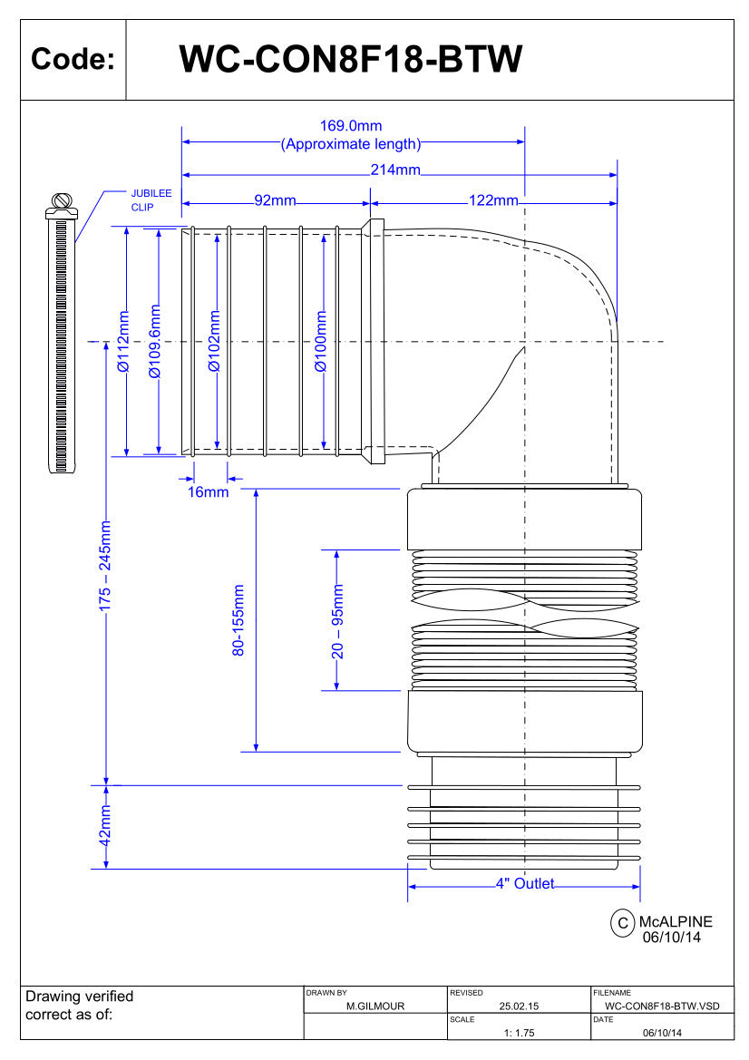 McAlpine Short 90° Bent Back to Wall Flexible WC Connector 4'' WC ...