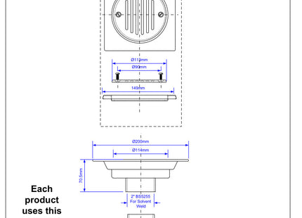 McAlpine USG2-T150SS Untrapped Gully. Tile/Grating with removable Grid, 2" Vertical Outlet and 2" x 1½" Socket Reducer