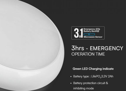 V-Tac Lumi Vt-8633 8W/16W/20W Led Dome Light(Emergency/Sensor) Samsung Chip 3In1 Rd Ip65
