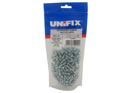 Unifix Grade 8.8 Hex Setscrews DIN 933 & Class 8 Full Nuts DIN 934 Bright Zinc Plated - M6 x 50 (Box of 350)