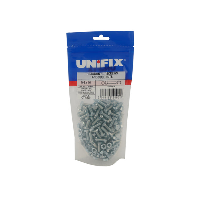 Unifix Grade 8.8 Hex Setscrews DIN 933 & Class 8 Full Nuts DIN 934 Bright Zinc Plated - M6 x 20 (Box of 575)