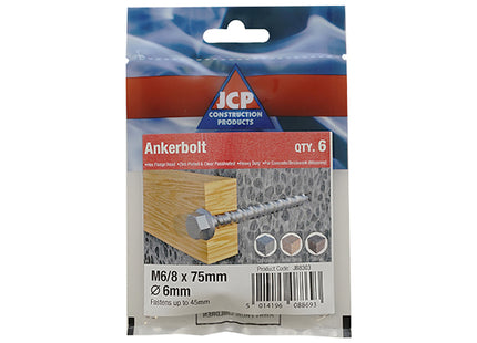 JCP Fixings Ankerbolts Hexagon Flange Head Bright Zinc Plated - 6/8 x 75mm (Box of 30)