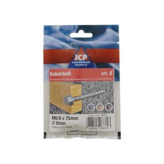 JCP Fixings Ankerbolts Hexagon Flange Head Bright Zinc Plated - 6/8 x 75mm (Box of 30)