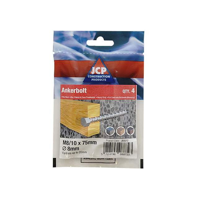 JCP Fixings Ankerbolts Hexagon Head Bright Zinc Plated - 10/12 x 100mm (Box of 20)