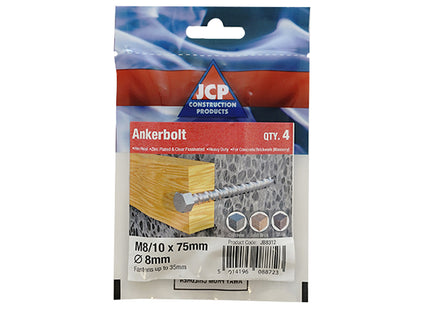 JCP Fixings Ankerbolts Hexagon Head Bright Zinc Plated - 10/12 x 75mm (Box of 20)