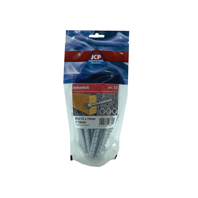JCP Fixings Ankerbolts Hexagon Head Bright Zinc Plated - 8/10 x 100mm (Box of 60)