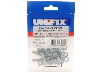 Unifix Grade 8.8 Hex Set Din933/Form A Washers Din125a/Class 8 Full Nuts Din934 Bright Zinc Plated - M12 x 100 (Box of 20)