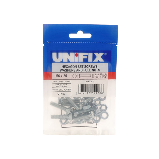 Unifix Grade 8.8 Hex Set Din933/Form A Washers Din125a/Class 8 Full Nuts Din934 Bright Zinc Plated - M12 x 50 (Box of 20)