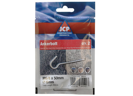 JCP Fixings Hook Bolts Bright Zinc Plated - 6/8 x 50mm (Box of 10)