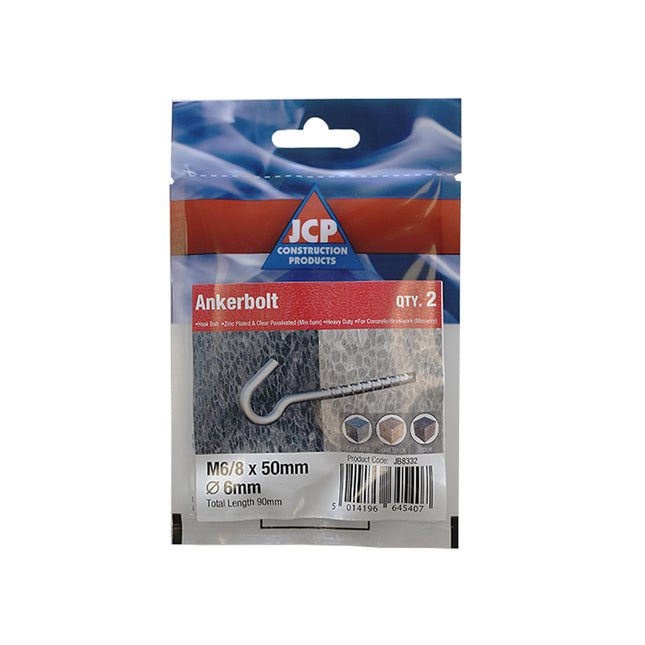 JCP Fixings Hook Bolts Bright Zinc Plated - 6/8 x 50mm (Box of 10)