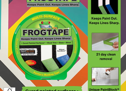 FrogTape Multi-Surface Masking Tape 24mm x 41.1m | PaintBlock Technology | Sharp Paint Lines for Walls, Wood, Glass & Metal