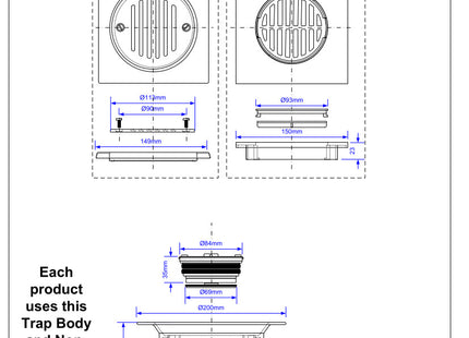 McAlpine VSG52T6SS Two-Piece Valve Shower Gully: Tile with removable Grid, 1½" Horizontal Outlet