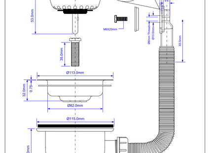 McAlpine BWSTOFRS 1½" Basket Strainer Waste and Overflow: 113mm Stainless Steel Flange: Stemball Plug: Rectangular Overflow Grid: Centre Pin Model