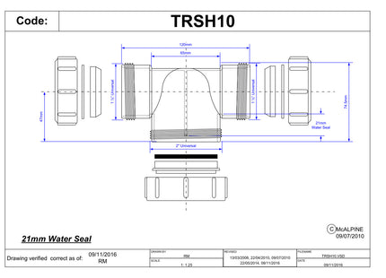 McAlpine TRSH10 1½" x 20mm Water Seal Running Tubular 'P' Trap with 1½" Multifit Outlet