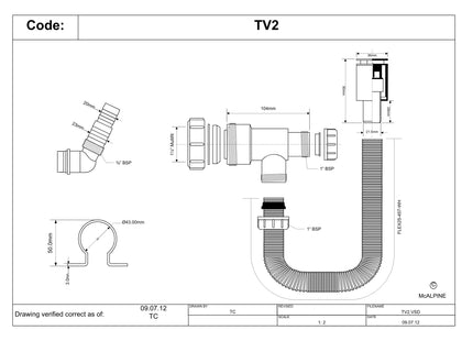 McAlpine TV2 TeeVent domestic appliance connector with Non-Return Valve for use with WM4 trap