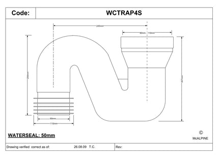 McAlpine WCTRAP4S 50mm Water Seal Pushfit 'S' Trap