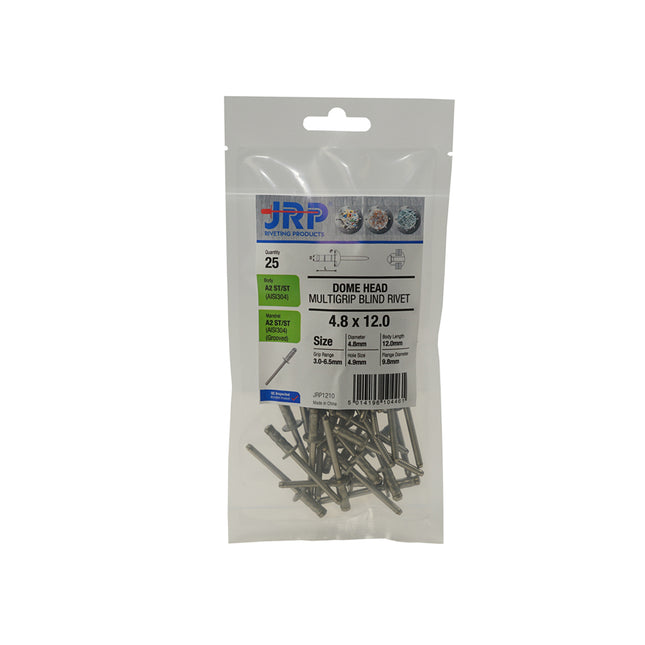 JRP Riveting Products 4.8 x 15mm A2 / A2 Stainless Steel Dome Head Multigrip JRP Rivets (Box of 125)