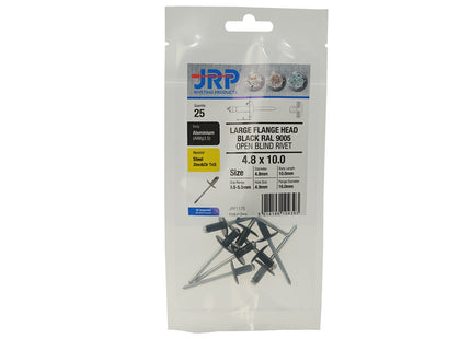 JRP Riveting Products 4.8 x 24mm Aluminium / Steel Extra Large Flange Head Black JRP Rivets (Box of 100)