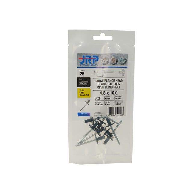 JRP Riveting Products 4.8 x 24mm Aluminium / Steel Extra Large Flange Head Black JRP Rivets (Box of 100)
