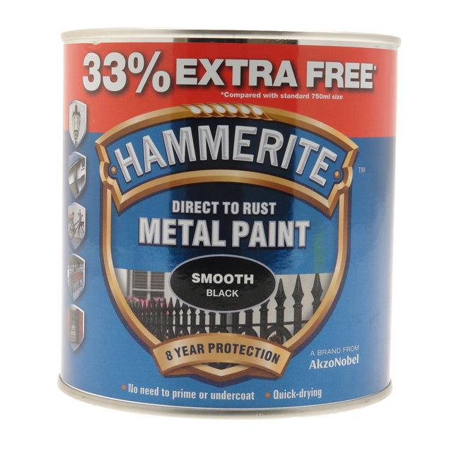 Hammerite Direct to Rust Smooth Metal Paint Black 750ml + 33% Extra Free 5158235