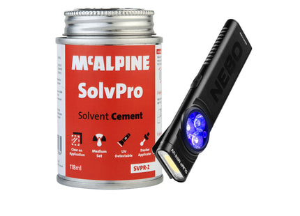 McAlpine SolvPro Solvent Cement (118 ml) + Nebo Slim Mini UV Torch