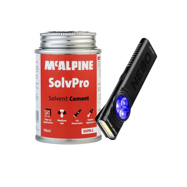 McAlpine SolvPro Solvent Cement (118 ml) + Nebo Slim Mini UV Torch