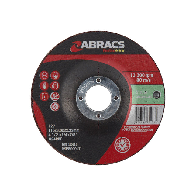 Abracs Proflex Depressed Centre Stone Grinding Disc - 115 x 6 x 22mm (Box of 25)