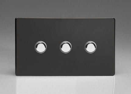 Varilight XDLP3S Screwless Premium Black 3 Gang 6A 1- or 2-Way Push On-Off Impulse Switch