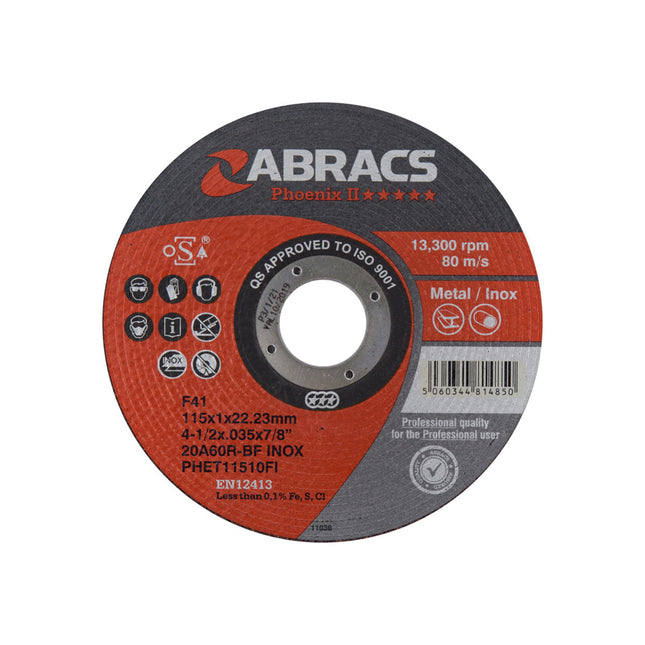 Abracs Phoenix Long Life Extra Thin Cutting Disc Inox - 115 x 1.0 x 22mm (Box of 50)