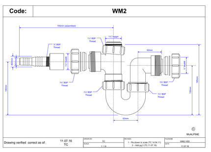 McAlpine WM2 75mm Swivel P Trap Multi Outlet And Inlet for Domestic Appliance