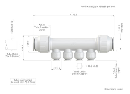 John Guest Speedfit 22mm x 10mm 4 Port Manifold PEM522210W