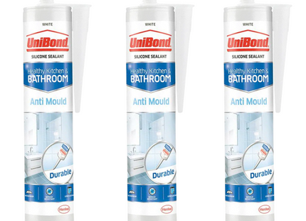 Unibond Anti-Mould Kitchen & Bathroom Sealant Cartridge White 274G (Pack of 3)