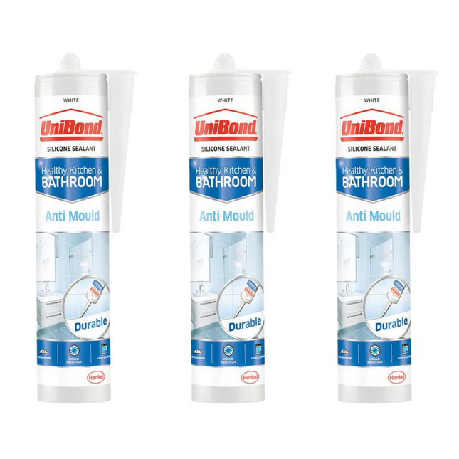 Unibond Anti-Mould Kitchen & Bathroom Sealant Cartridge White 274G (Pack of 3)