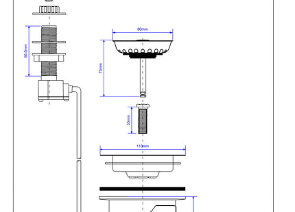 McAlpine PUS113-CP 1½" Pop-Up Basket Strainer Waste: 113mm Stainless Steel Flange: Chrome Plated Plastic Command Knob: Centre Pin Model