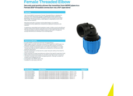 John Guest MDPE Compression Female Threaded Elbow - 20mm x 1/2"