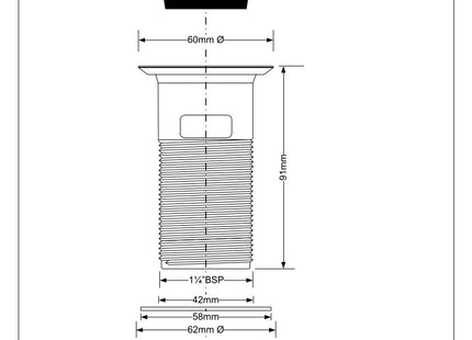 McAlpine BSW1 1¼" White Plastic Basin Waste - Backnut Model: 60mm Stainless Steel Flange x 3½" Tail with Black PVC Plug