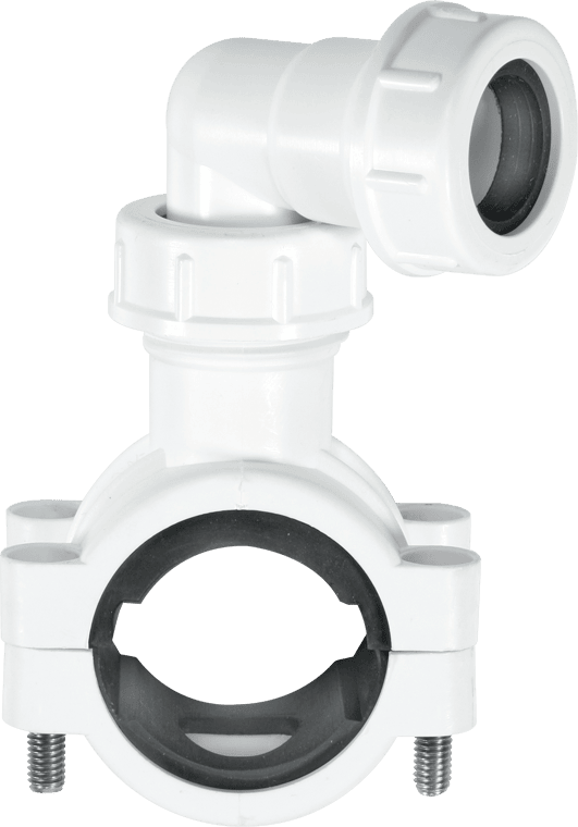 McAlpine Pipe Clamp 1.25''/1.5'' to 19/22mm with Bent Connector for Overflow Pipe   CLAMP1WH