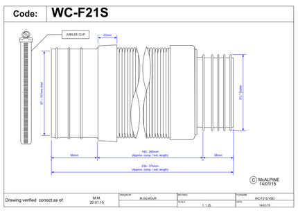 McAlpine WC-F21S 97-107mm Inlet Flexible WC Connector for Back to Wall WC Pan