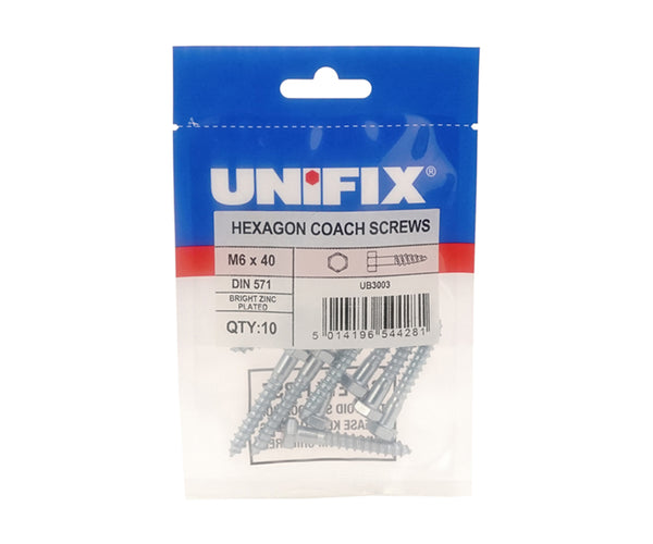 Unifix Coach Screws Hexagon Head DIN 571 Bright Zinc Plated - M10 x 150 (Box of 25)