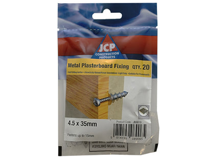 JCP Fixings J-Plug Self-Drill Plasterboard Fixing Metal - 4.5 x 35mm Screw (Box of 30)