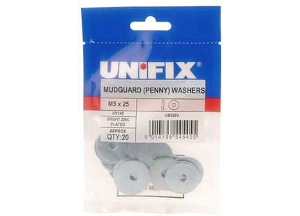 Unifix Mudguard (Penny) Washers Hv140 Bright Zinc Plated - M10 x 25 x 1.5 (Box of 100)