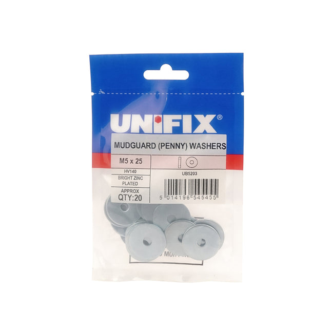 Unifix Mudguard (Penny) Washers Hv140 Bright Zinc Plated - M6 x 25 x 1.5 (Box of 100)
