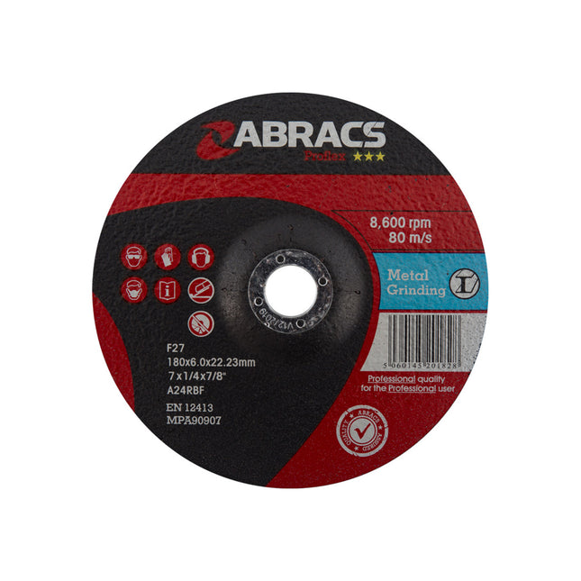 Abracs Proflex Depressed Centre Metal Grinding Disc - 180 x 6 x 22mm (Box of 10)