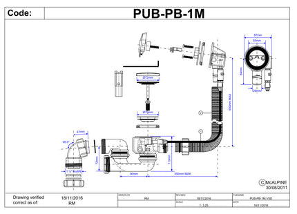 McAlpine PUB-PB-1M 1½" x 70mm Pop-Up Push Button Bath Waste and Overflow