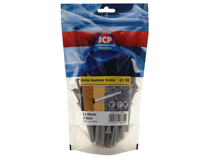 JCP Fixings Nylon Hammer Screws ZYP - 8 x 80mm (Box of 250)